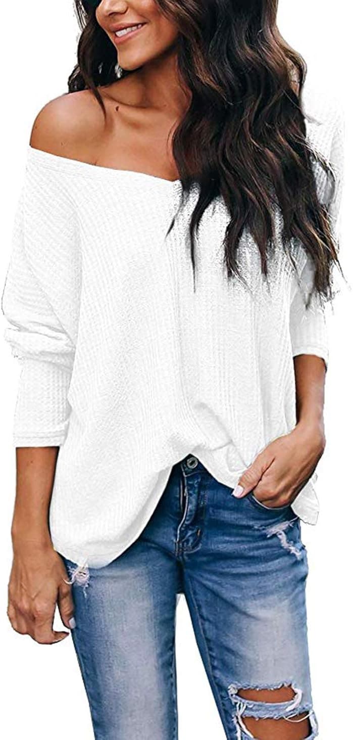 Chvity Womens Long Sleeve Blouse Casual V Neck Off Shoulder Batwing Sleeve Plus Size Pullover Sweater Tops