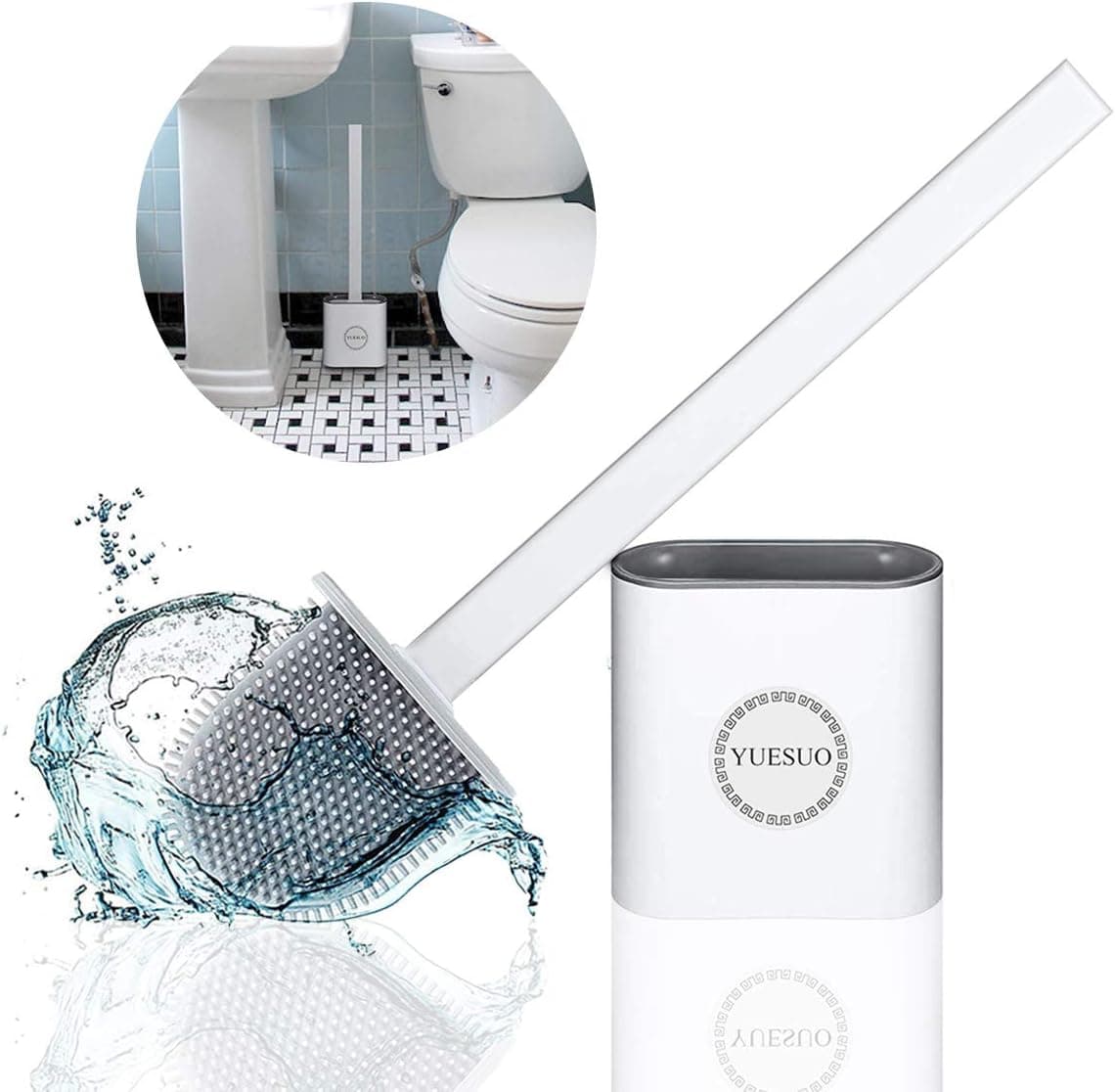 Toilet Brush with Holder, Toilet Bowl Cleaner Brush and Holder, Flexible Toilet Bowl Brush Head with Silicone Bristles, Floor or Wall Mountable Without Drilling