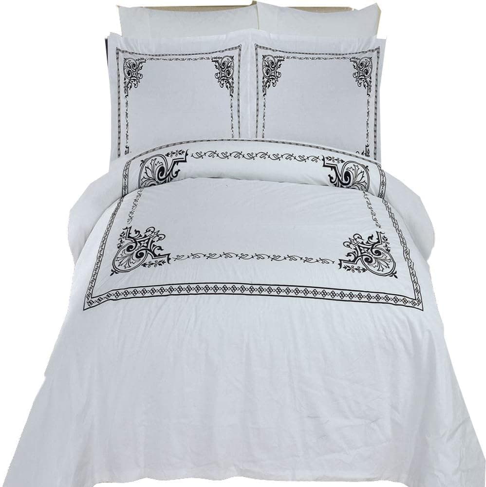 Royal Bedding Athena White & Black Embroidered 4-Piece Full/Queen Comforter Set 100% Cotton 300 Thread Count