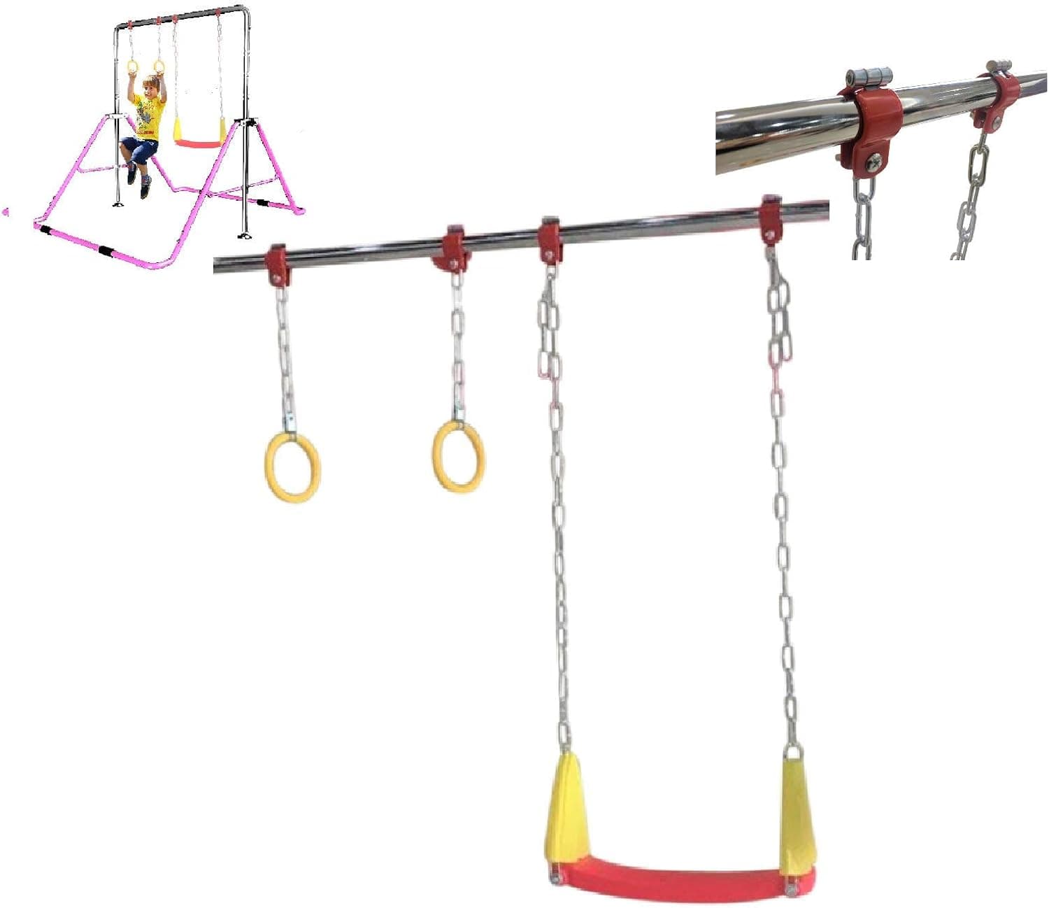 Wind Rider Glider Swing seat and 2 Trapeze Rings with Metal Chain and Hooks Compatible with Kids Jungle Gymnastics Expandable Junior Monkey Horizontal Bars and Pull up Stands