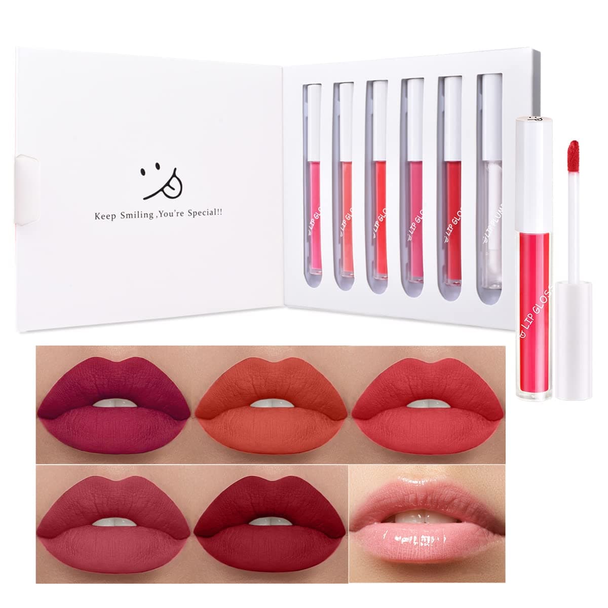LAMUSELAND 6pcs Matte Liquid Lipstick with Clear Lip Plumper Makeup Set, Long Lasting Waterproof High Pigmented Lip Gloss Kit, Velvet Lip Stain Lip Makeup Gift Sets for Women Girls (A)