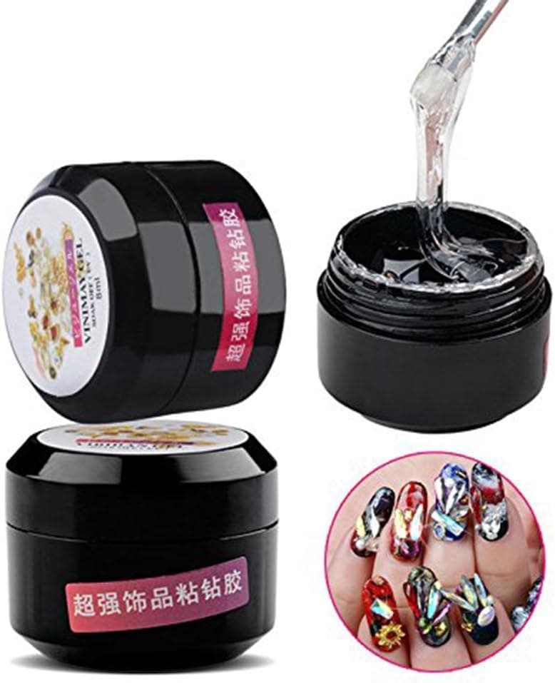 Minejin Nail Art Rhinestone Glue Super Sticky 8ml Gem Gel Manicure Polish Adhesive Builder Decoration (UV Light Cure Needed) with Tray Shiny Stone and Paiting Pen