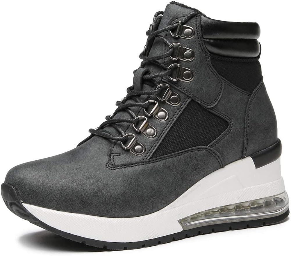 Viscozzy High Heel Wedge Sneakers for Women - Black Air Cushion Shoes Platform Hidden Boots Hidden High top Sneakers Lace Up Bootie SZW16-Black-7.5