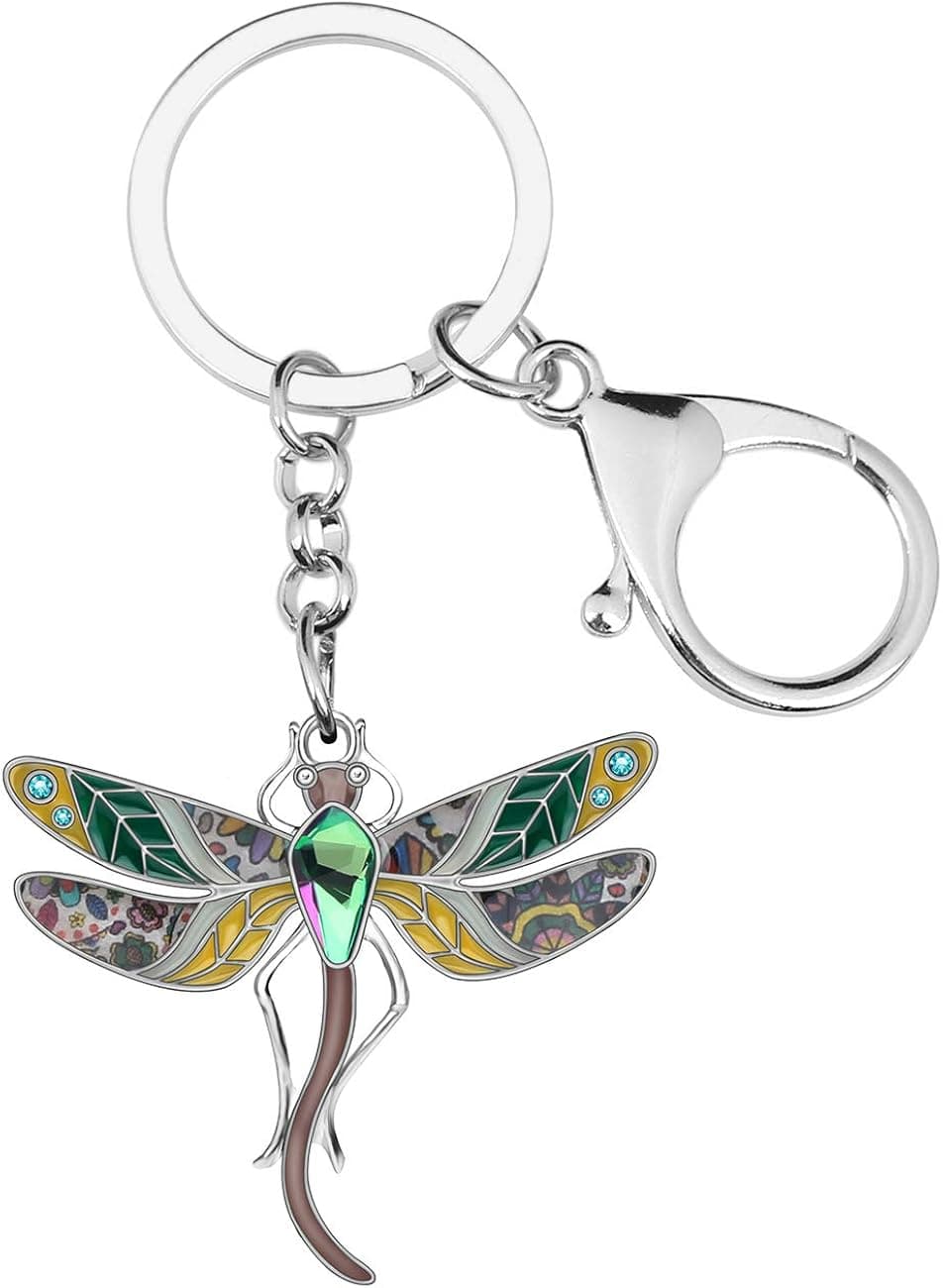 BONSNY Enamel Alloy Rhinestone Floral Dragonfly Keychains Gifts for Women Key Car Purse Bags Charms Nature Design