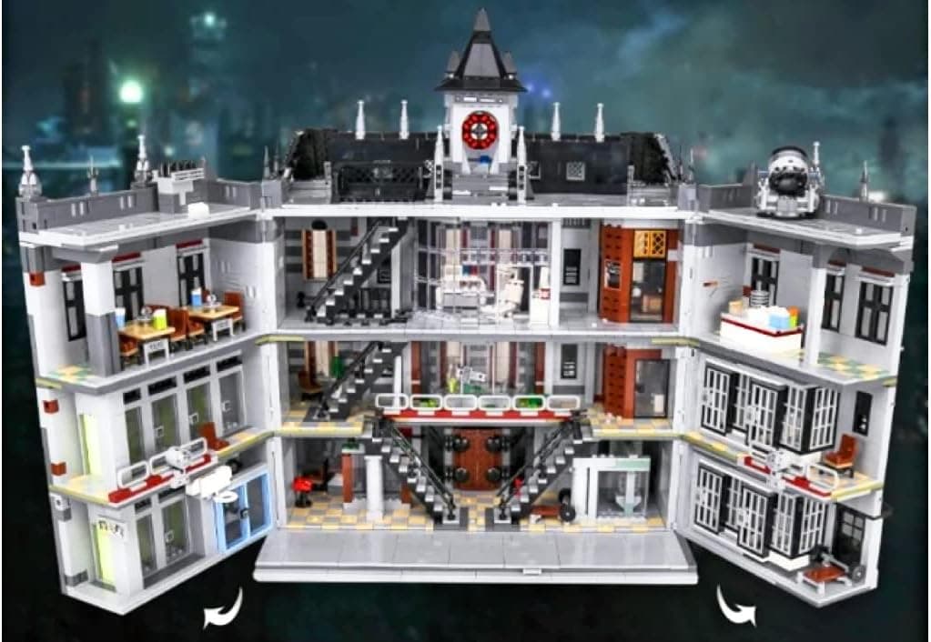 General Jim's 7537 Piece Three Level Madhouse Modular Building Blocks Bricks Set an Impressively Detailed Insane Asylum Hospital Toy Bricks with an Eye-Catching LED Lighting.