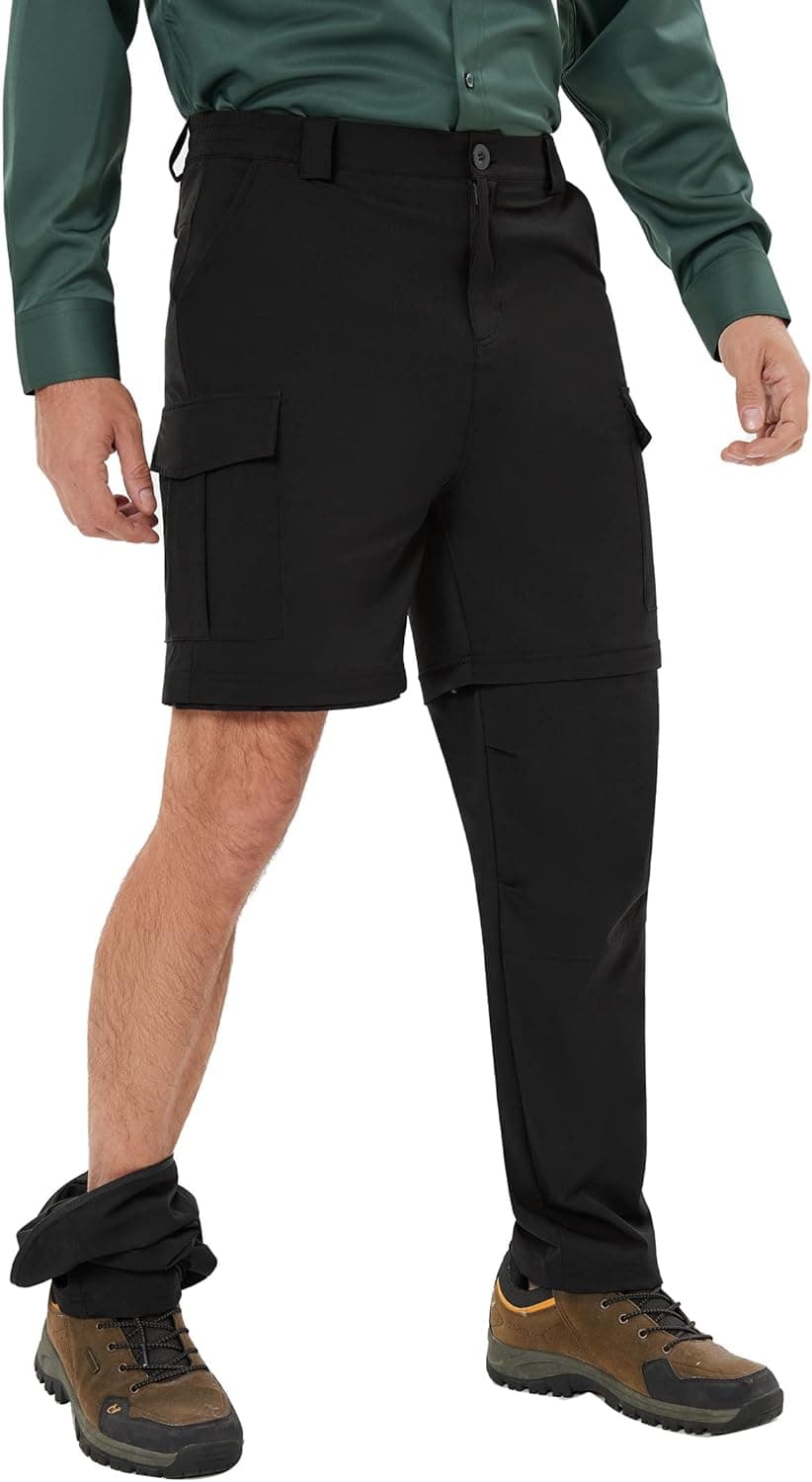 Men's Cargo Convertible Hiking Pants Zip-Off Quick-Dry Lightweight Stretch Pant Outdoor Black