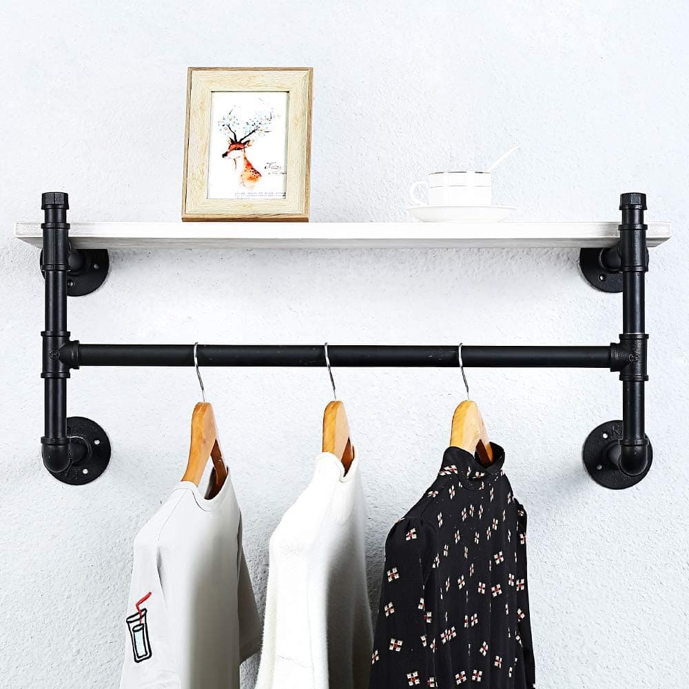 Industrial Pipe Clothing Rack Wall Mounted with Real Wood Shelf,Pipe Shelving Floating Shelves Wall Shelf,Rustic Retail Garment Rack Display Rack Cloths Rack,30in Steam punk Commercial Clothes Racks