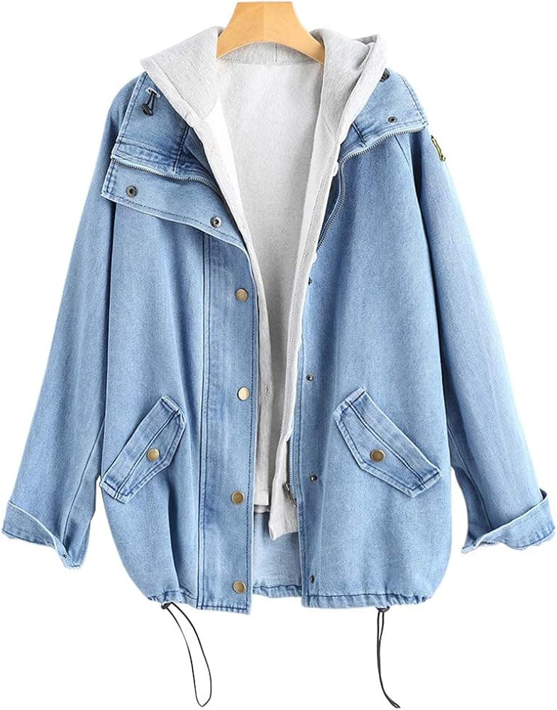 LifeShe Women Button Up Denim Jean Jackets Coat with Hooded 2 Piece (Blue, L)