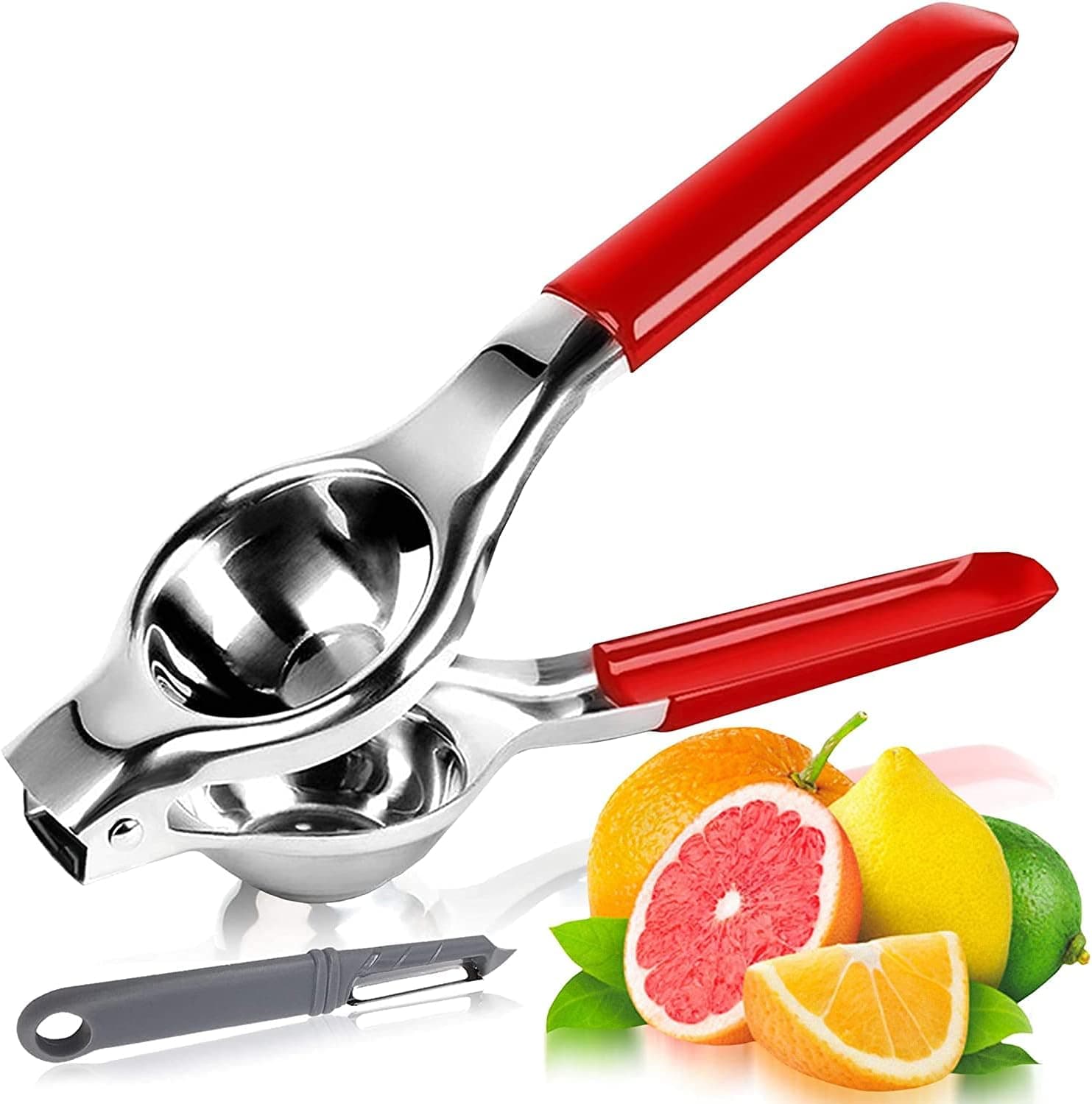 Manual Lemon Squeezer Citrus Juicer 2-In-1 Professional 304 Stainless Steel Juice Extracting Lime Squeezer with Non-Slip Silicone Handles Metal Rustproof Hand Press Juicer with Fruit Handheld Peeler