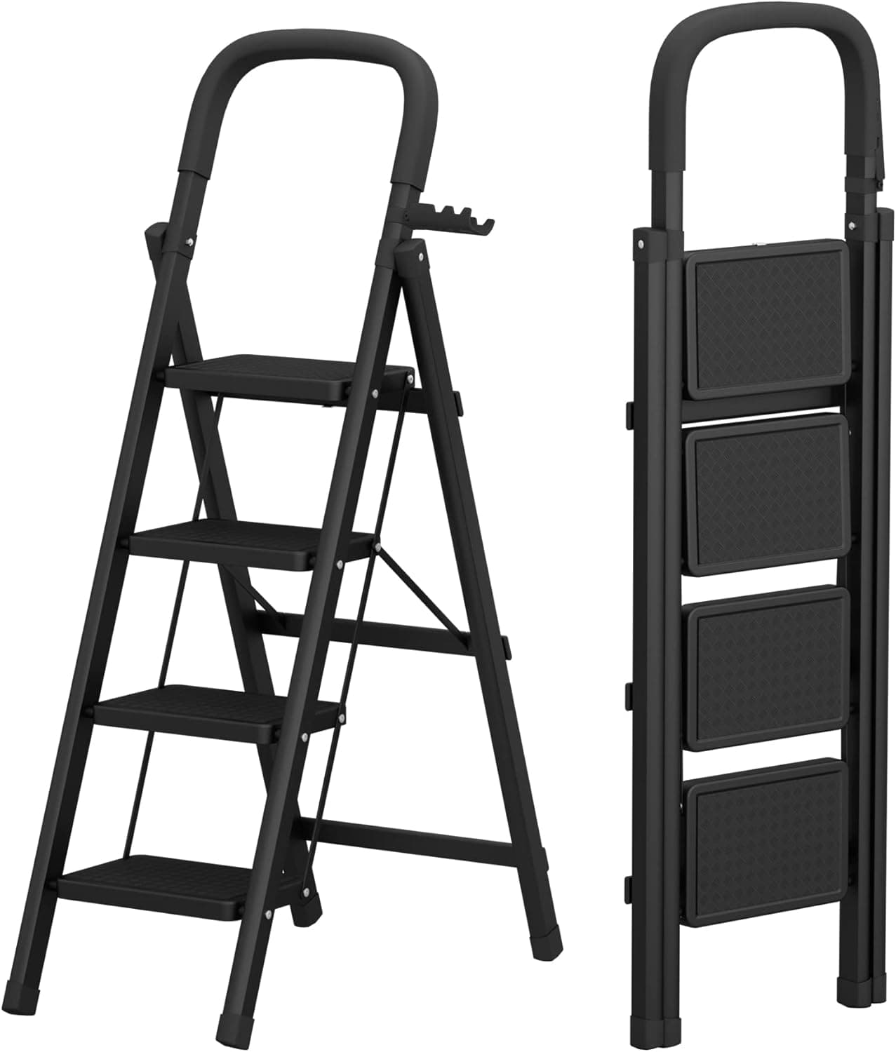 JOSICOPE 4 Step Ladder, Folding Step with Wide Non-Slip Pedal and Comfort Handgrip for Household and Office, Lightweight 250lbs Capacity Step Ladder, Black