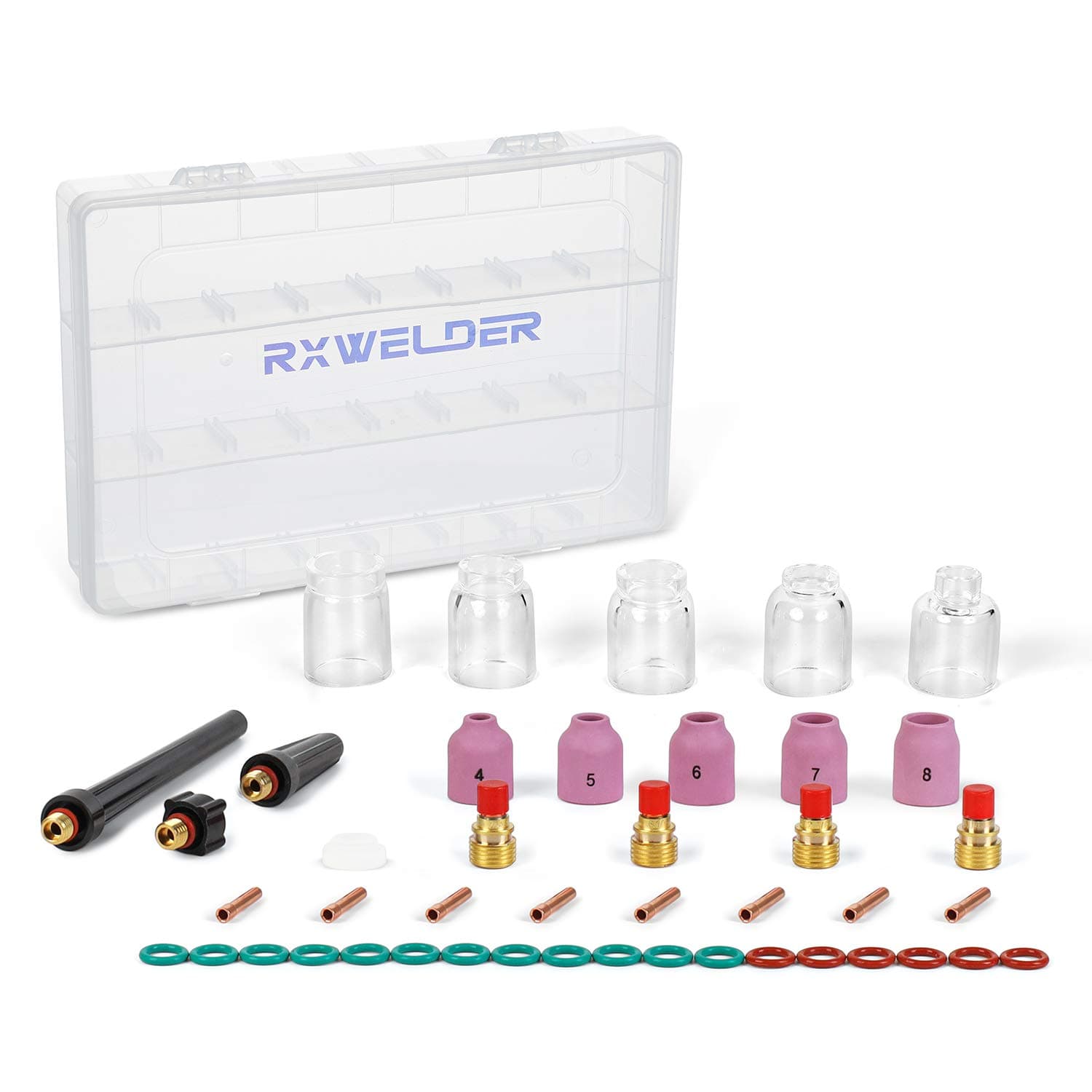 RX WELD TIG Stubby Gas Lens Collet Body & #4#5#6#7#8 Pyrex Cup Kit for DB SR WP 9 20 25 TIG Torch Welding Accessories 36pcs
