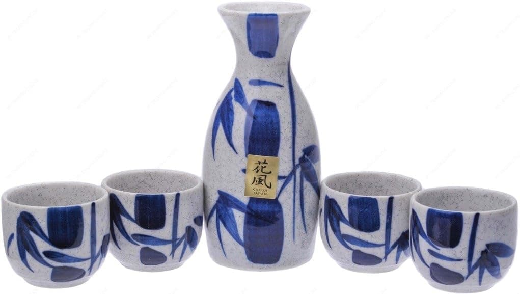 Kafuh MSE70WBV Japanese Porcelain Sake Set with Blue Bamboo, Bottle: 4.50" (H) x 3.00"(W) | Cups: 1.50" (H) x 2" (W)