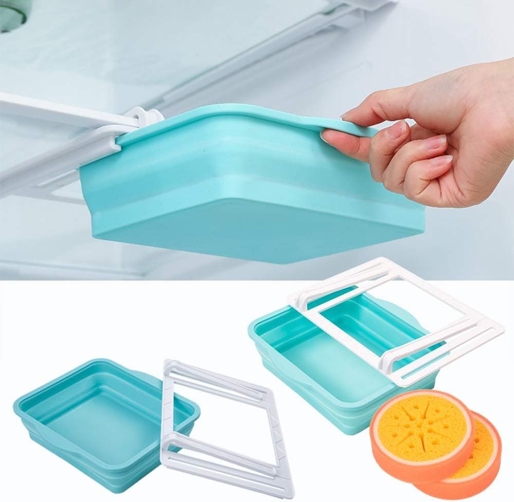 2PCS Fridge Drawer Organizer Folding Storage Box for Home Kitchen Fridge Space Saver Assorted Food Refrigerator Shelf Holder Storage Box Pull-Out Home Organizer Fits Straight Flat Edges on Shelves