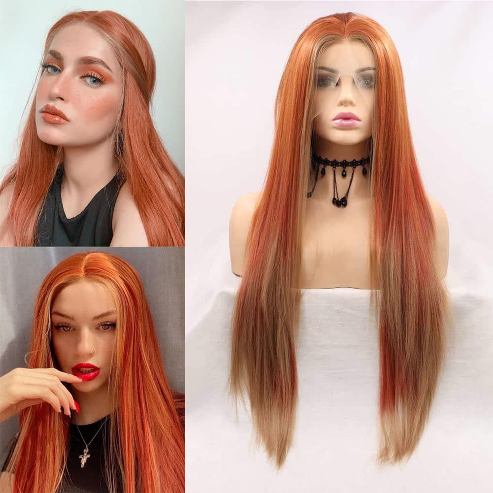 Kalisa Orange Brown Lace Wig Long Straight Auburn Lace Front Wig Pre Plucked Synthetic Middle Part Wig Heat Resistance Fiber Daily Makeup Wigs for Girls Women 24 Inch