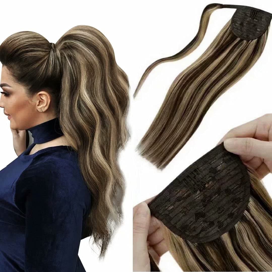 LAAVOO Ponytail Extension Human Hair Pony Tail Hair Extensions Real Hair Warp Around Ponytails Color Dark Brown Mixed Caramel Blonde Ponytail Extension Real Human Hair 14" 80g/set