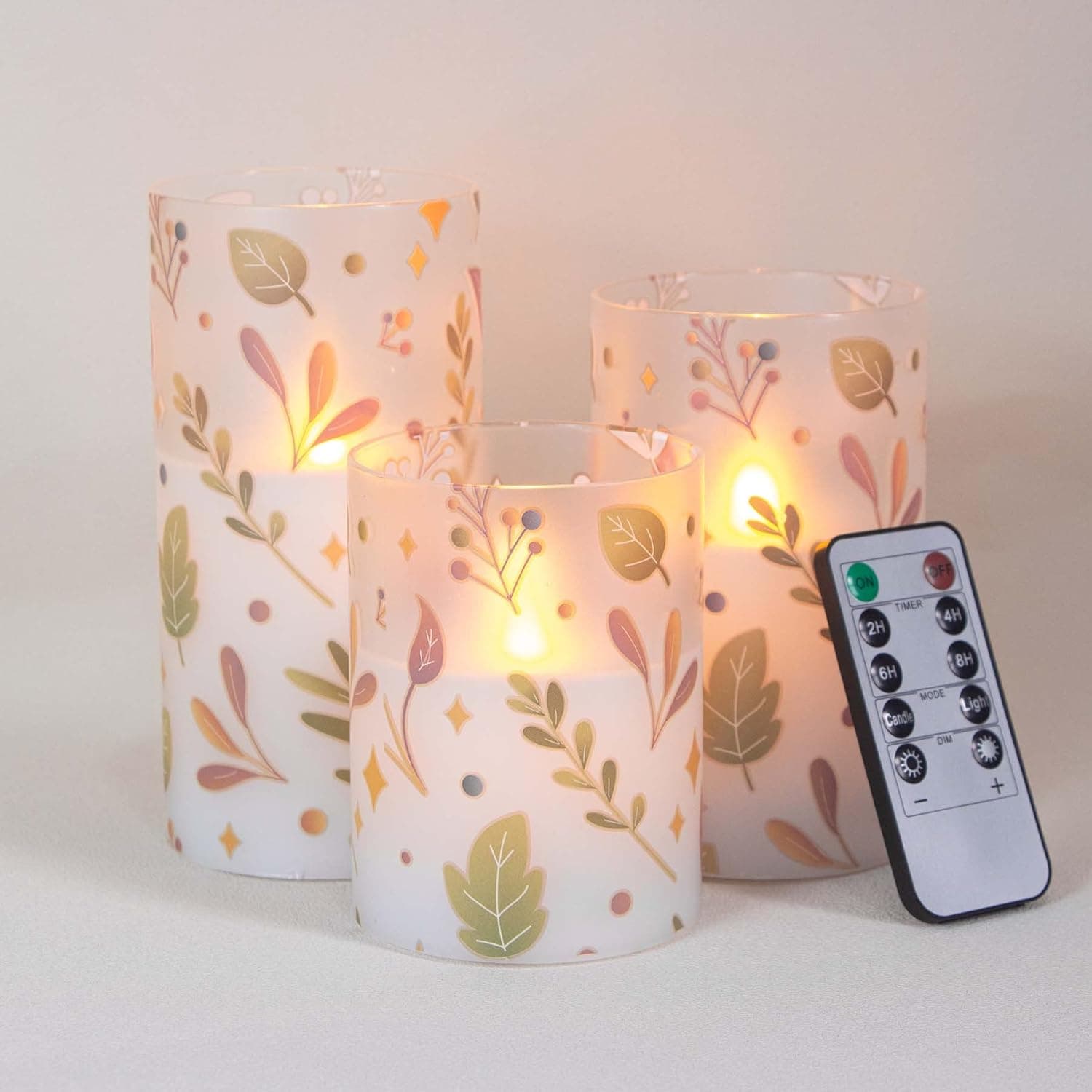 Mavandes Flameless Flickering Glass Candles with Remote and Timer,Leaves LED Battery Operated Real Wax Set of 3 Realistic Wick Electric Pillar Candles,Warm Fire(3 x 4, 5, 6 Inches)
