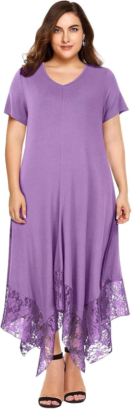 Womens Lace Plus Size Casual V Neck Solid Asymmetrical?Hem High Low Swing Dresses Pale Lilac 4XL