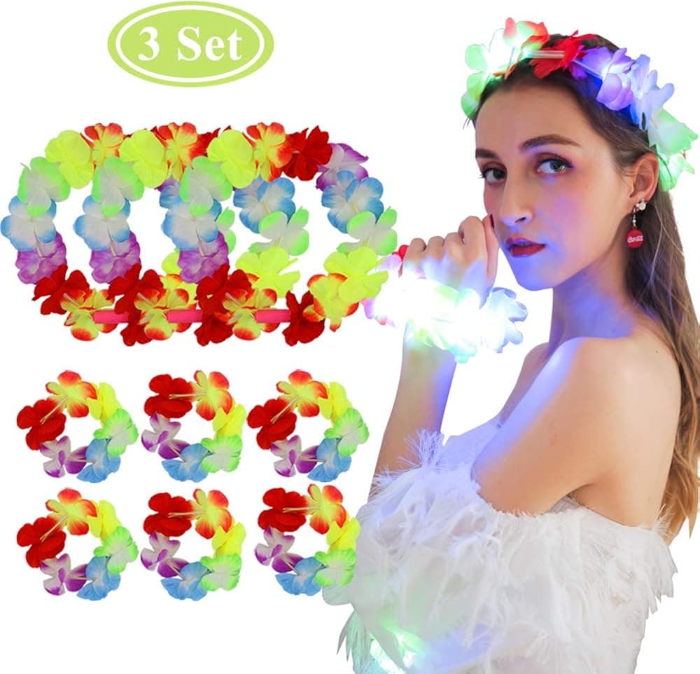 Fortuning's JDS LED Hawaiian Leis Headband and Wristband, Halloween Costumes, Light Up Decor