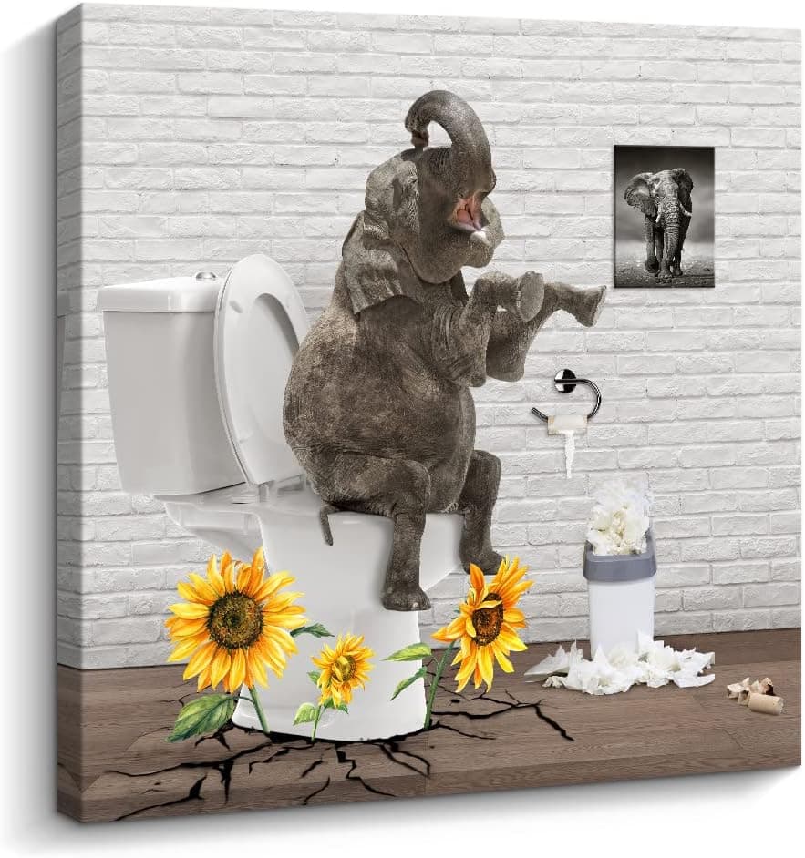 Kas Home Bathroom Wall Decor Elephant with Sunflower Sitting on The Toilet Canvas Wall Art Farmhouse Rustic Bathroom Artwork for Wall Hanging Pictures Ready to Hang (12 x 12 inch, Brown - Bath)