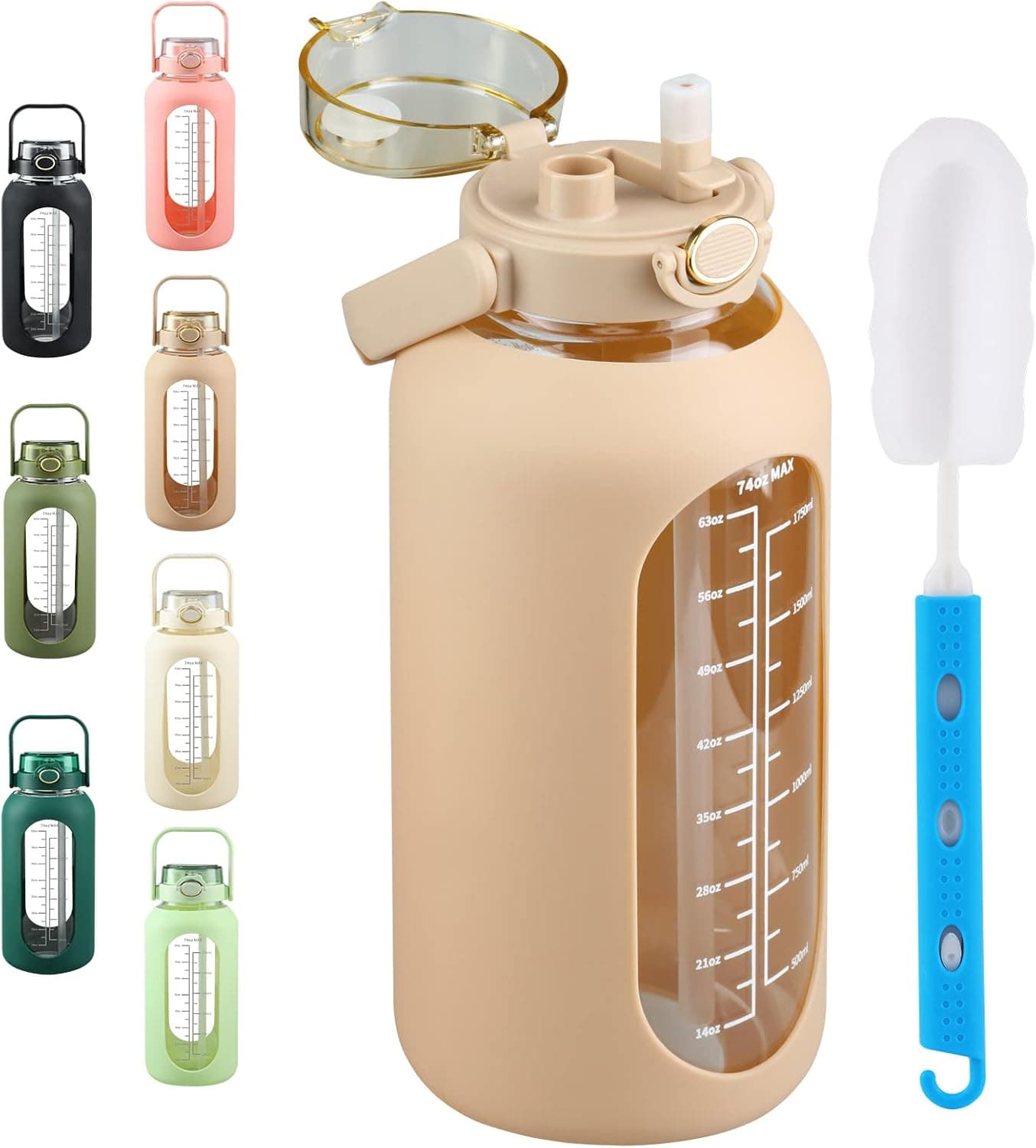 SIEROZUR 74oz Glass Water Bottle with Straw and Handle Lid 2.2L Large Half Gallon Motivational Bottle with Silicone Sleeve and Time Marker Large Reusable Sports Water Jug for Gym Home Workout