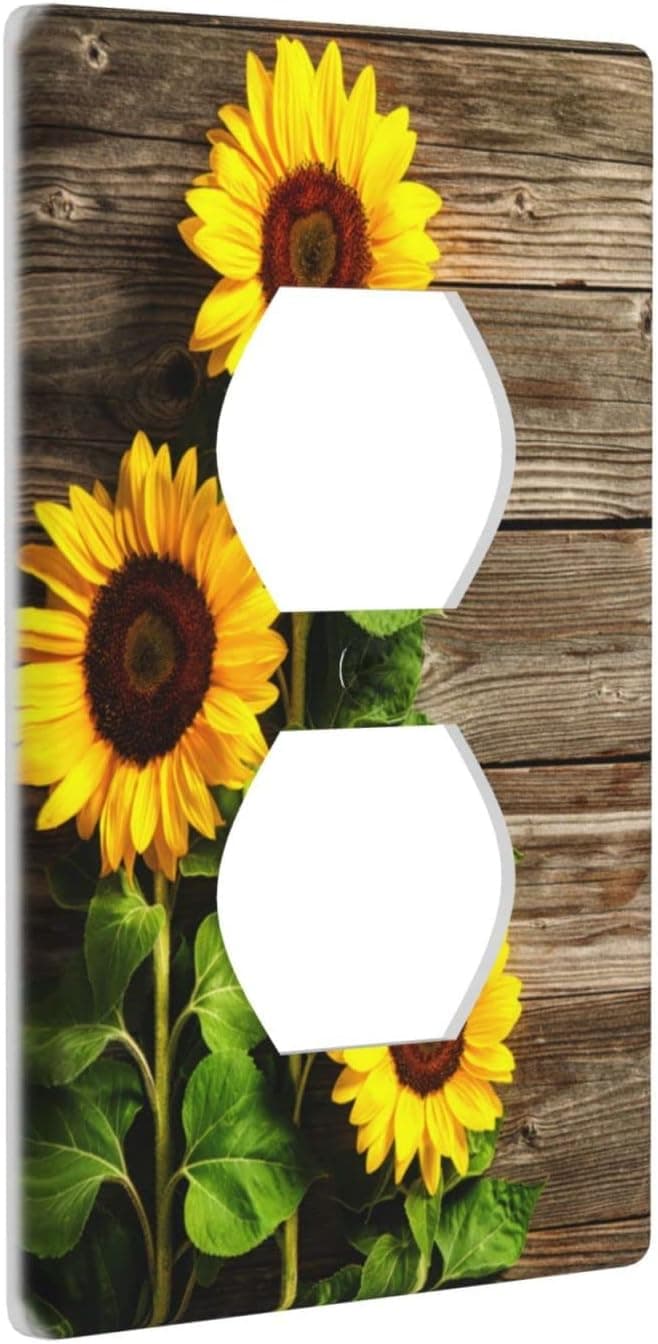Wood Pattern Duplex Outlet Cover Light Switch Plates, Autumn Sunflowers Outlet Covers Decorative Wall Plate for Bedroom Kitchen Home Office Decor