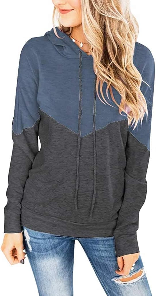 Olidarua Women's Casual Hoodies Pullover Long Sleeve Color Block Drawstring Lightweight Hooded Sweatshirts Loose Tops Blue