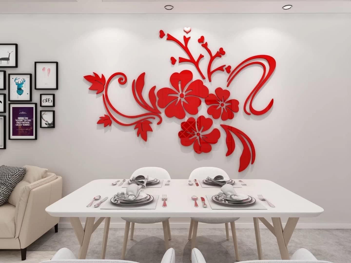 Wall Stickers 3D Flower Mirror - Family Wall Decals Living Room Wall Decor Mirror Stickers for Walls Decor Living Room Home Decorations Room Decor for Office Sofa Bedroom Mirror Decals (Red S:35*47 inch)