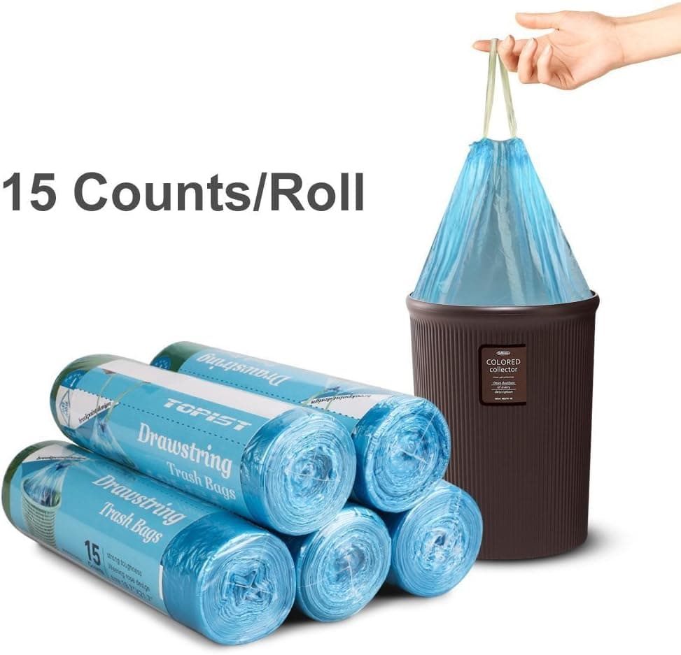 Topist Drawstring Trash Bag, Disposable Clear Garbage Bags Rubbish Bags 75 Bags for Home, Kitchen, Bathroom, Office, 6 Gallon(5 Rolls)