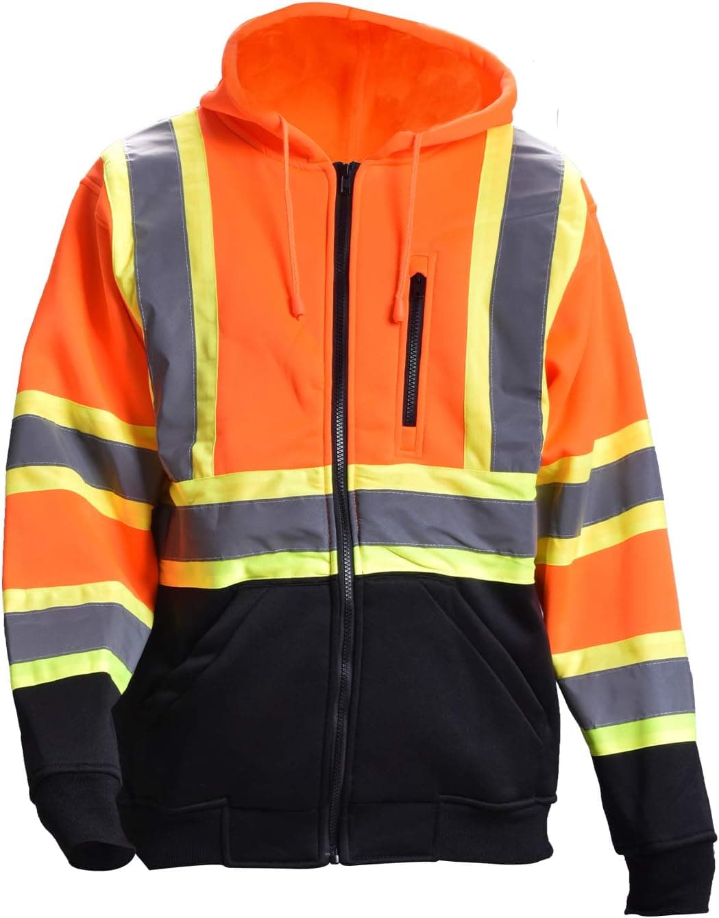 Men's ANSI Class 3 High Visibility Safety Sweatshirt Full Zip Hooded Sweater Fleece Brushed Black Bottom Thermal(L,Orange)