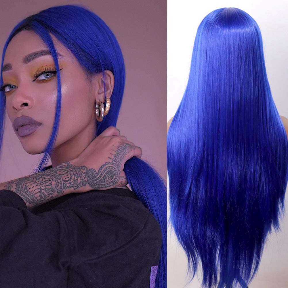 Light Blue Lace Front Wigs Long Straight Hair Wig Glueless Heat Resistant Fiber Hair Purple Blue Synthetic Lace Front Wigs for Fashion Women (BLUE)