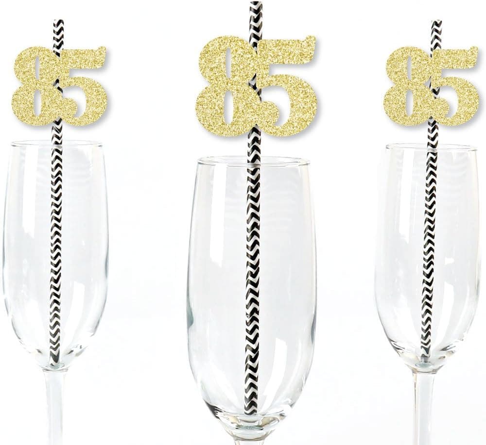 Gold Glitter 85 Party Straws - No-Mess Real Gold Glitter Cut-Out Numbers & Decorative 85th Birthday Party Paper Straws - Set of 24