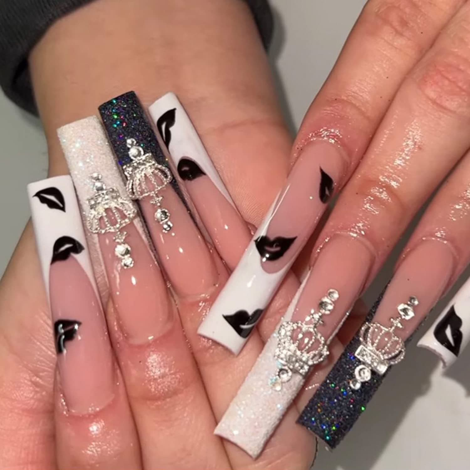 Crown Press on Nails Long Fake Nails Acrylic Ballet French Exquisite Black White Lip Print Crown Rhinestones adhesive tape on Nails Design Nails for Women and Girls 24 Pcs