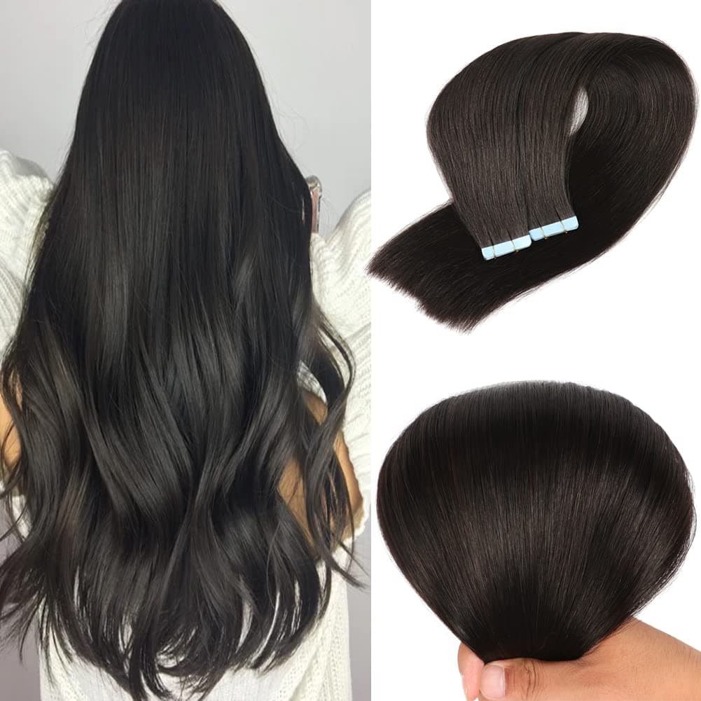 Anihiho Tape in Hair Extensions Human Hair Straight Hair Extensions Tape in Real Human Hair Tape in Hair Extensions for Women (14inch 30g, Natural Black)
