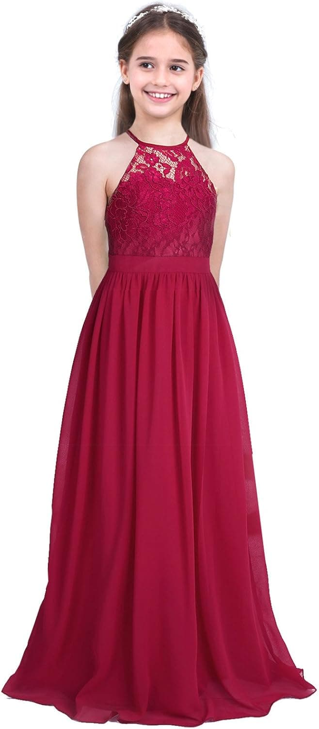 QinCiao Flower Girl Halter Floral Lace Chiffon Long Dress Junior Bridesmaid Party Dress Evening Dance Prom Maxi Gowns