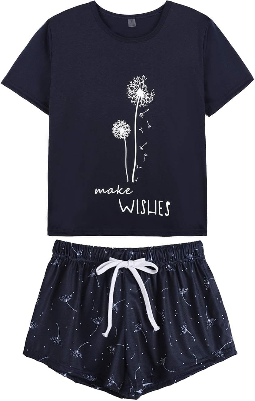 HONG HUI Pajamas for Women Short Sleeve Top with Pants Summer Sleepwear Pjs Set