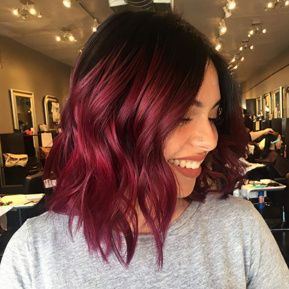 Vigorous Wine Red Short Wave Wigs For Women Synthetic Shoulder Length Wig Middle Part Natural Ombre Red Pastel Wavy Wigs for Party Daily Use 14 Inches(Ombre Red) (Ombre Red)