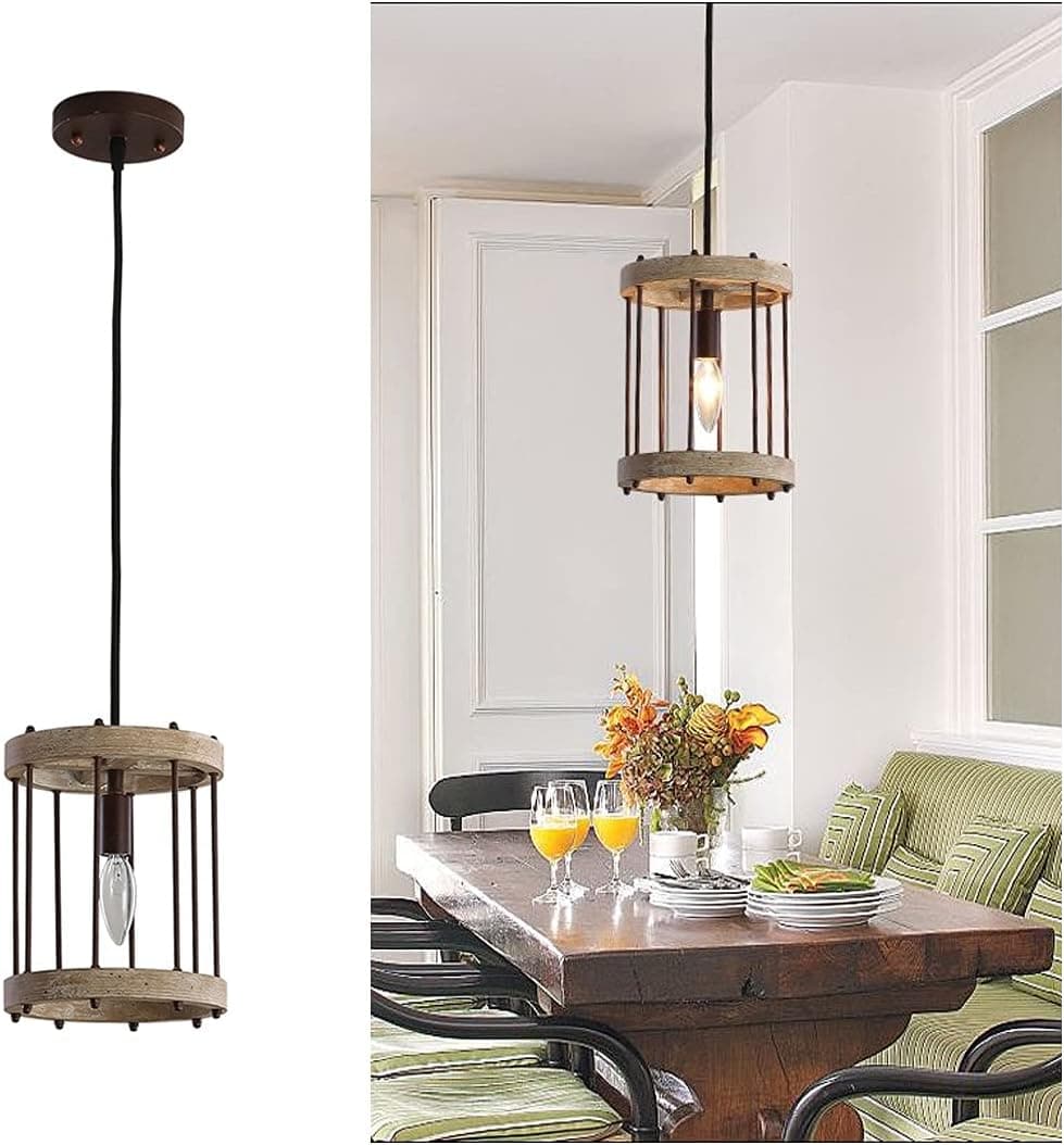 PHILOMENA Wooden Pendant Light 1-Light Hanging Ceiling Wood and Metal Chandelier Adjustable Height Kitchen Lighting Fixtures for Dining Room Foyer