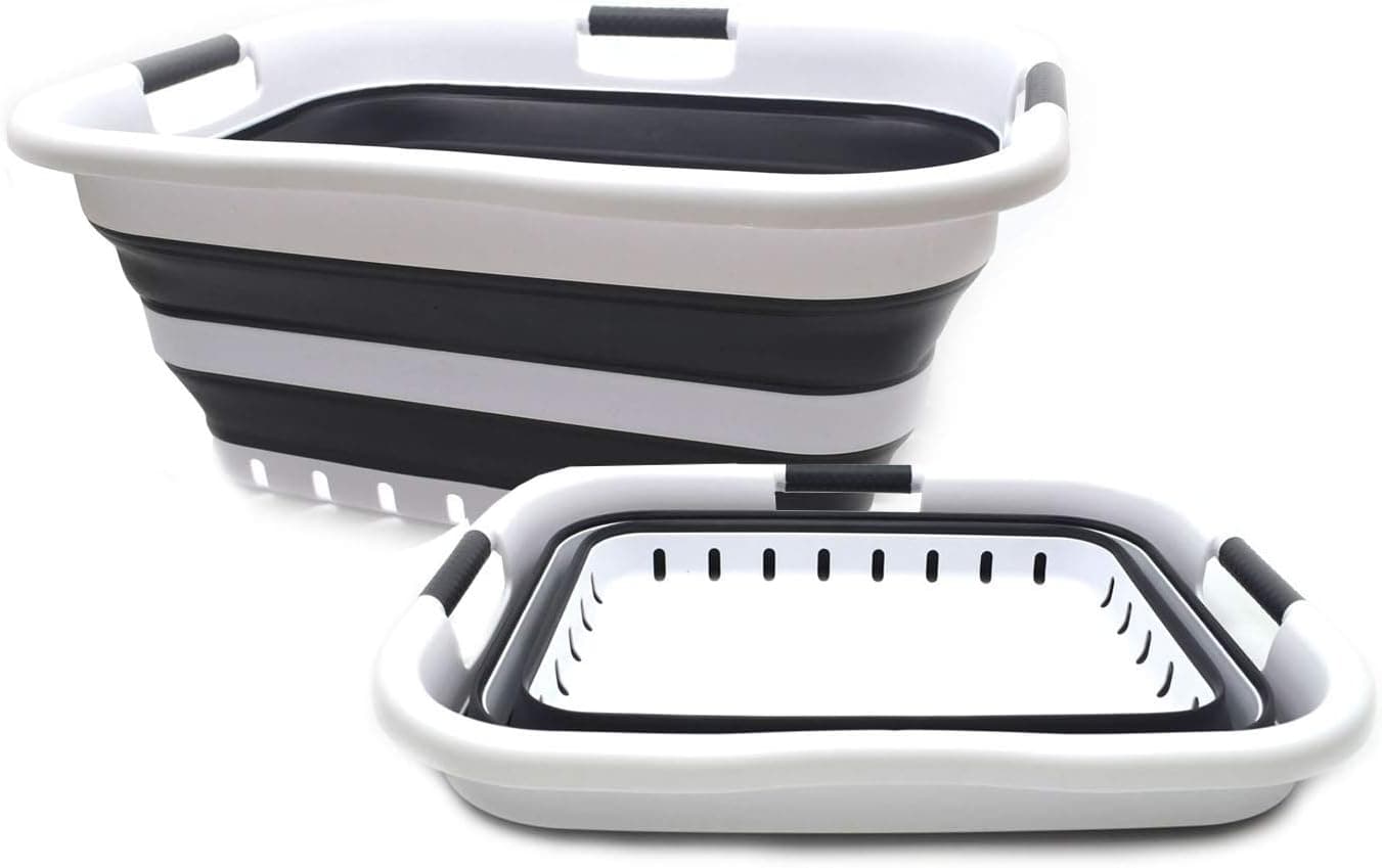 SAMMART 41L (10.8 gallon) Set of 2 Collapsible 3 Handled Plastic Laundry Basket-Foldable Pop Up Storage Container/Organizer-Space Saving Hamper/Basket (2, White/Black)