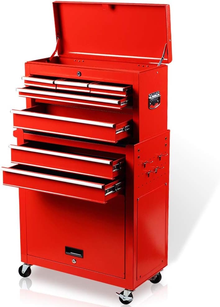 Tool Chest 8-Drawer Tool Box High Capacity Rolling Tool Cabinet with Wheels and Drawers for Storage Garage, Mobile Toolbox Top & Bottom Key Lockable (Red)