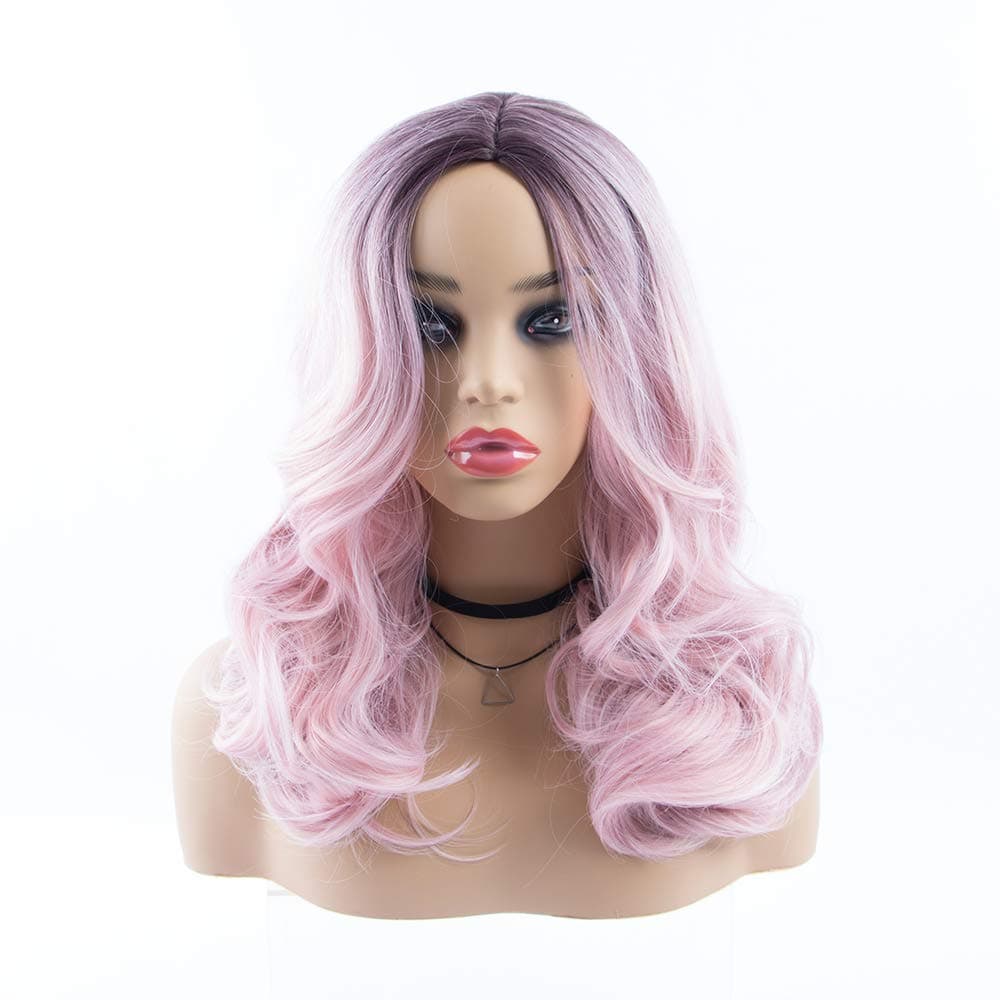 sedittyhair MALAIKA Women's Natural Black Omber Pink Wig Short Fluffy Funmi Wavy Hair Wigs for Girl Heat Friendly Synthetic Cosplay Party Wigs