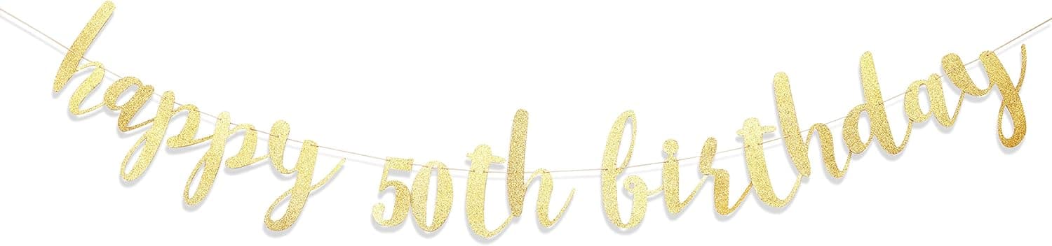 Happy 50th Birthday Banner - 50th Birthday Banner,Golden Glitter 50 Cake Decorations, 50 Birthday Commemorative Party Decorations, Ladies Photo Booth Props, Golden Paper Banner Fifty Signs, Decoration 50th banner…