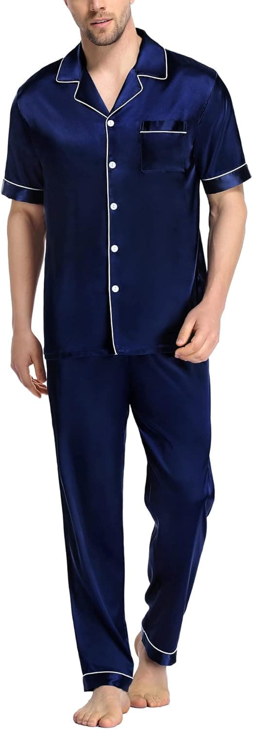 SWOMOG Men's Silk Satin Pajama Set Short Sleeve Classic Sleepwear Button Down Loungewear with Long Pants