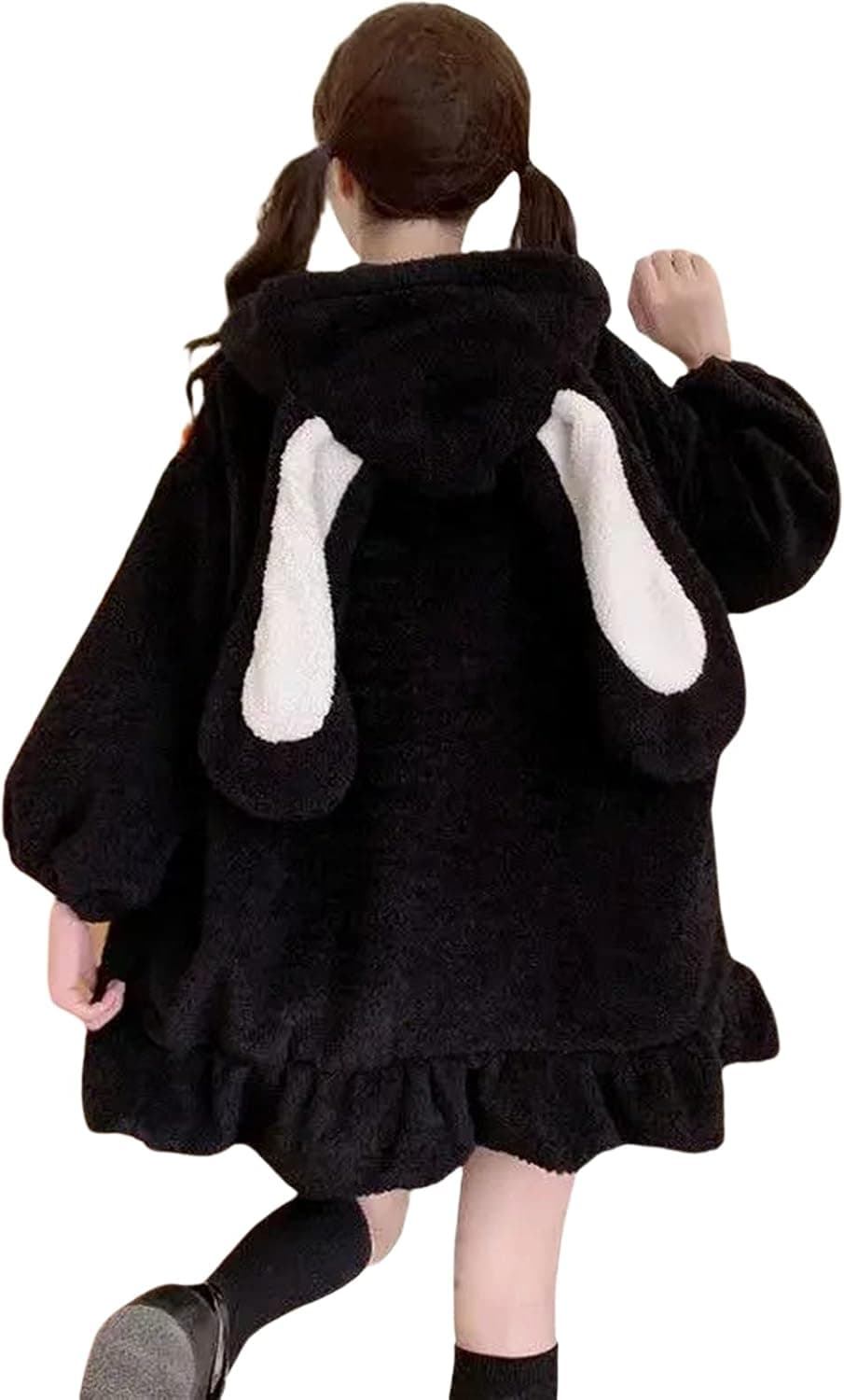 Girls Women Kawaii Bunny Ear Hoodie Top Long Sleeve Fuzzy Fluffy Rabbit Sweatshirt Plush Hooded Jacket Coats