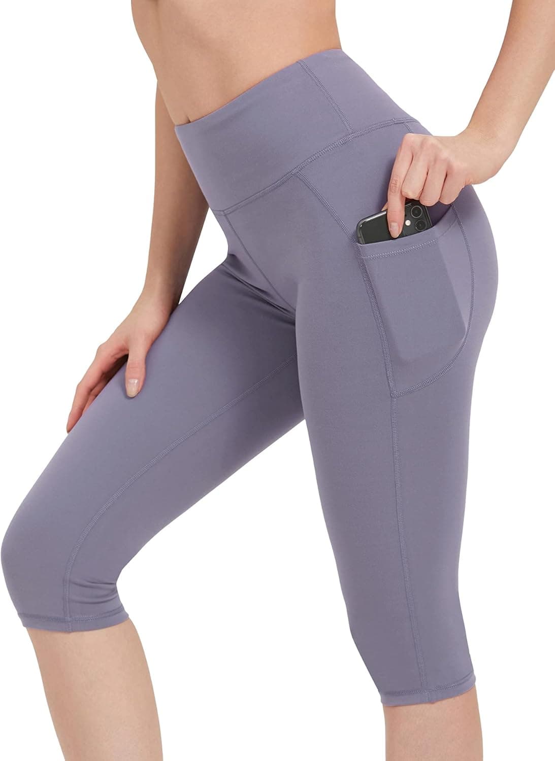 CAMEL Women's High Waist Capri Yoga 3/4 Workout Leggings Tummy Control Non See-Through Running Pants with Pocket