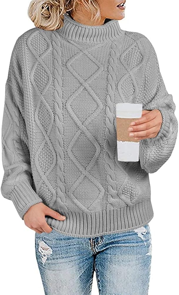 Maroway Womens Turtleneck Sweaters Cable Knit Chunky Pullovers Casual Long Sleeve Loose Jumper Tops Grey