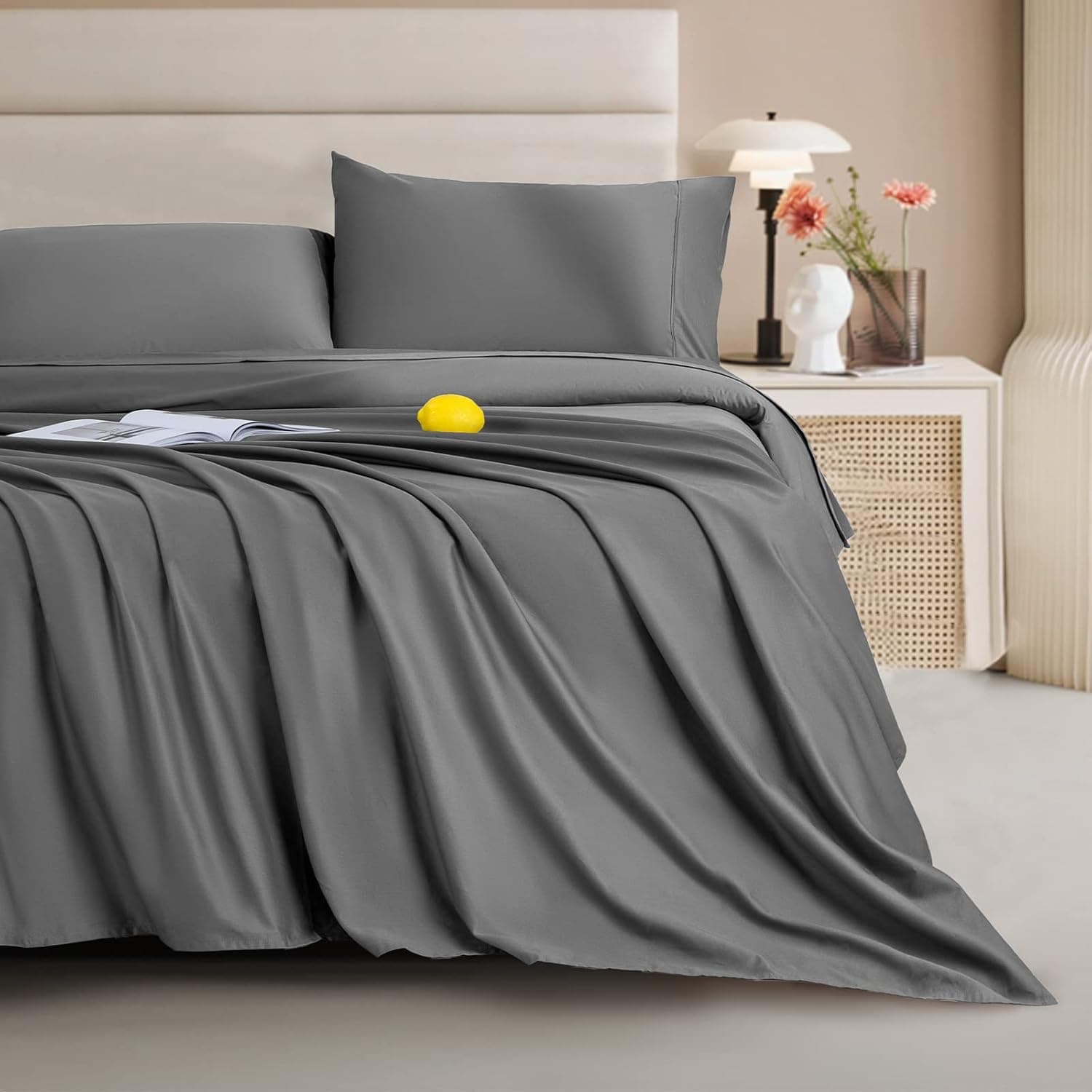 LIANLAM 1000 Thread Count 100% Cotton Sheets, Organic Egyptian Cotton Sheets Set, Cooling 4 Piece Bed Sheets 16-Inch Deep Pocket - Breathable and Hypoallergenic (Dark Grey, Full)