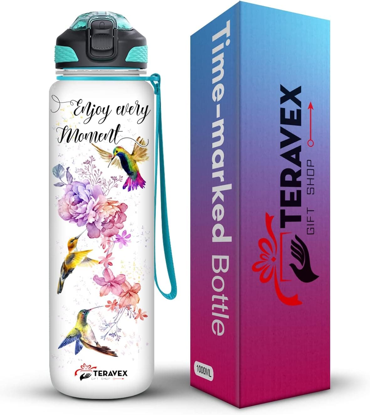 TERAVEX Tritan Water Bottle 32oz - Delightful Hummingbird Print with Hydration Goals for Each Hour. Durable, Odor Resistant, Dishwasher Safe Silicone. Great Gift for Women, Runner, Daughter (WB01)