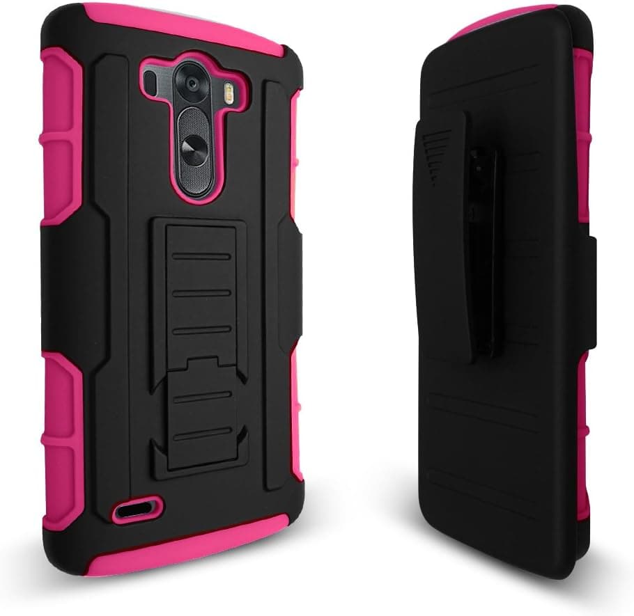 LG G3 Case, G3 Black Armor Cover, Kuteck LG G3 Case with Belt Clip Holster [Heavy Duty] Kickstand ArmoCase, Bonus 1x Stylus Pen (Pink)