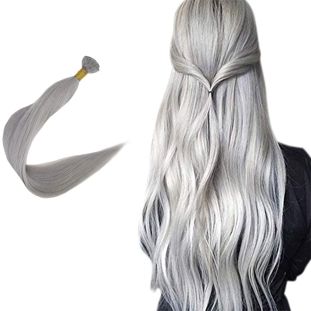 Easyouth Normal Sew in Hair Brazilian Hair Bundles Real Human Hair Solid Color Silver (22", 50g), Soft and Easy to Use, Habd Tied Double Weft Hair Extensions for Women.