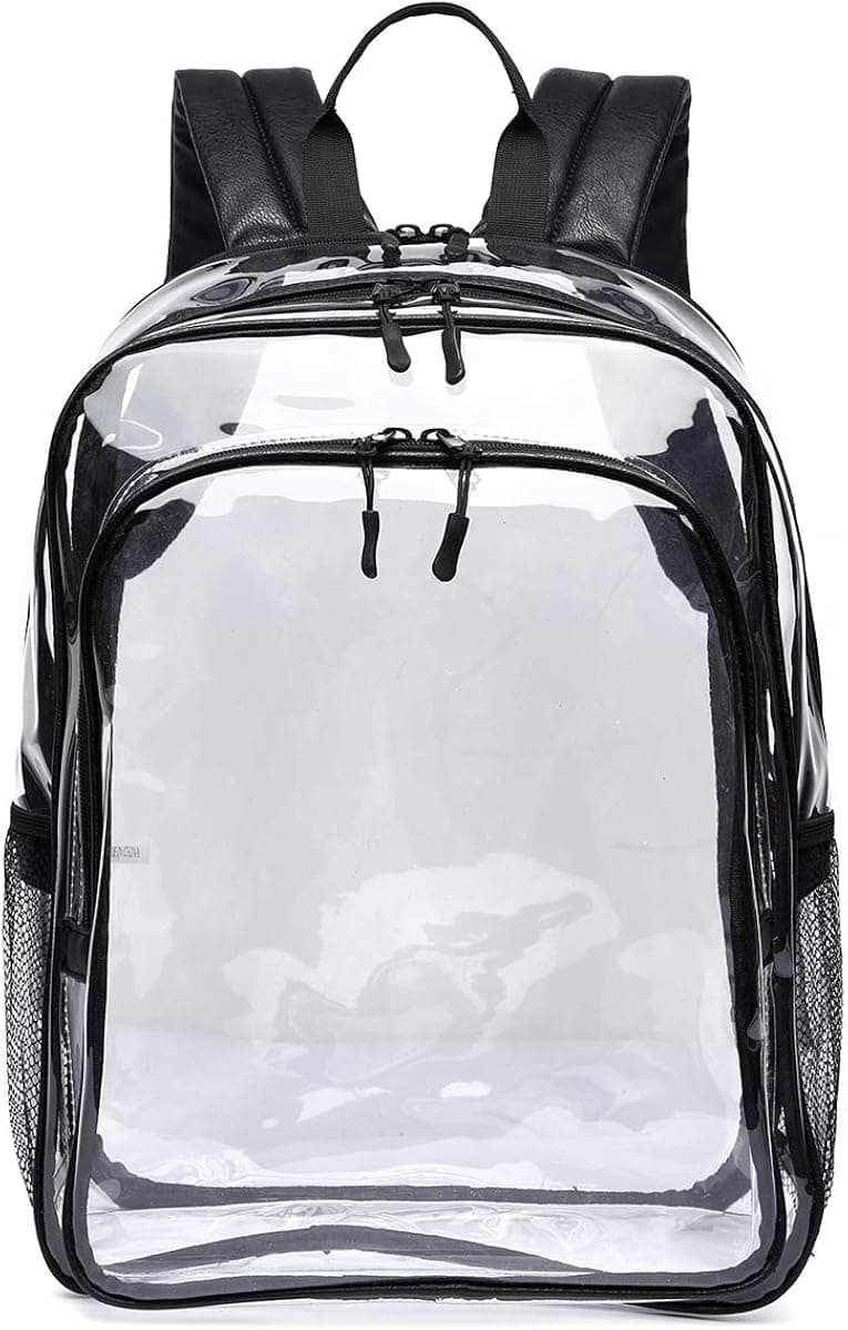 Large Clear Backpack - Three Compartments - Leather Straps - Heavy Duty